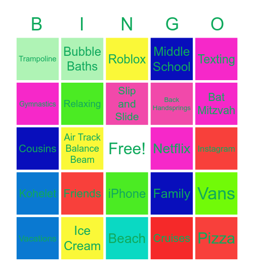 Samariah’s Bat Mitzvah Bingo Bash! Bingo Card