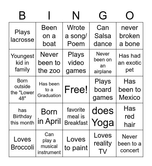 STROUD'S ICE BREAKER Bingo Card