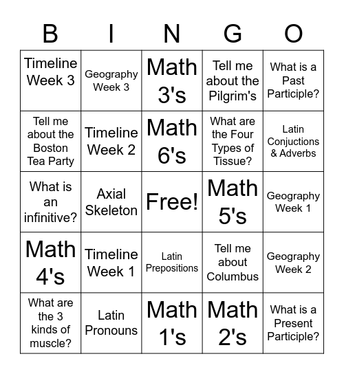 Week 3 Review Bingo Card