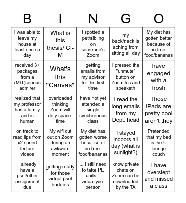 First week of classes bingo Card