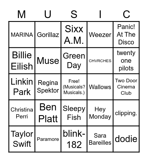 Favorite Artists/Music Bingo Card