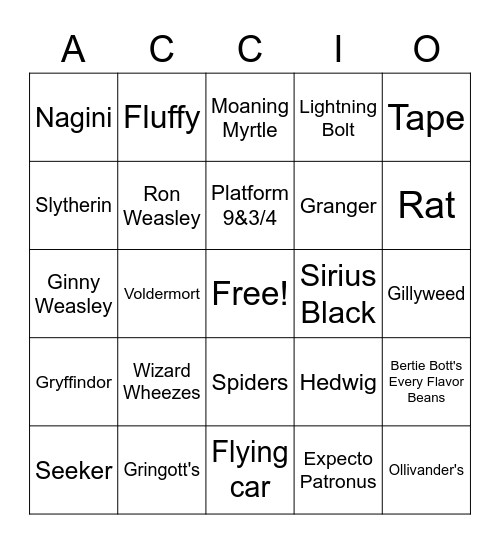 Harry Potter Trivia Bingo Card