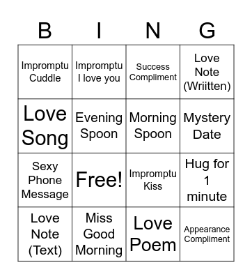 Romance Bingo Card
