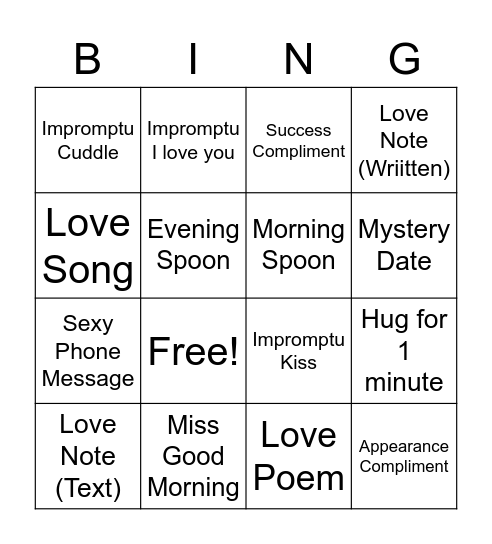 Romance Bingo Card