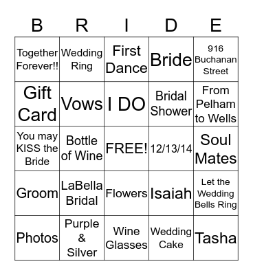 Tarrence & Cynthia Wedding 12-13-14 Bingo Card
