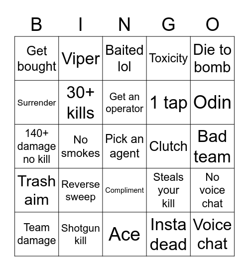 Valorant bingo Card