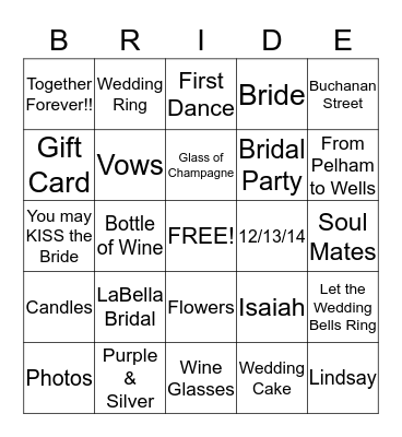 Tarrence & Cynthia Wedding 12-13-14 Bingo Card