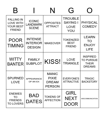 Rom Com Bingo Card