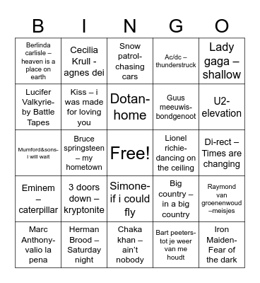 Muziek Bingo Card