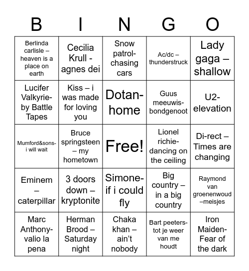 Muziek Bingo Card
