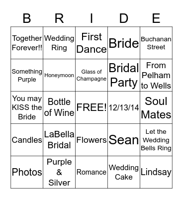 Tarrence & Cynthia Wedding 12-13-14 Bingo Card