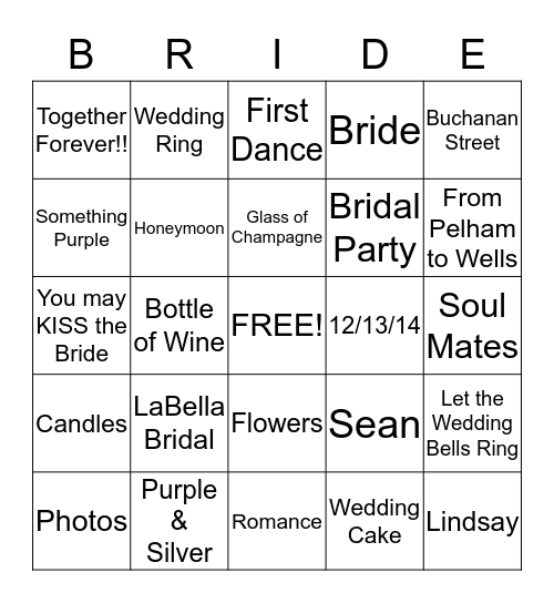 Tarrence & Cynthia Wedding 12-13-14 Bingo Card