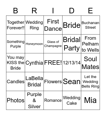 Tarrence & Cynthia Wedding 12-13-14 Bingo Card