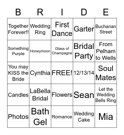 Tarrence & Cynthia Wedding 12-13-14 Bingo Card