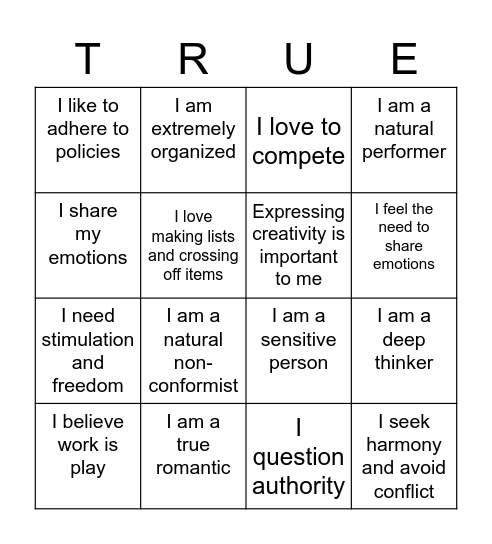 True Colors Bingo Card