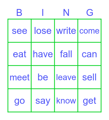 Irregular verbs Bingo Card