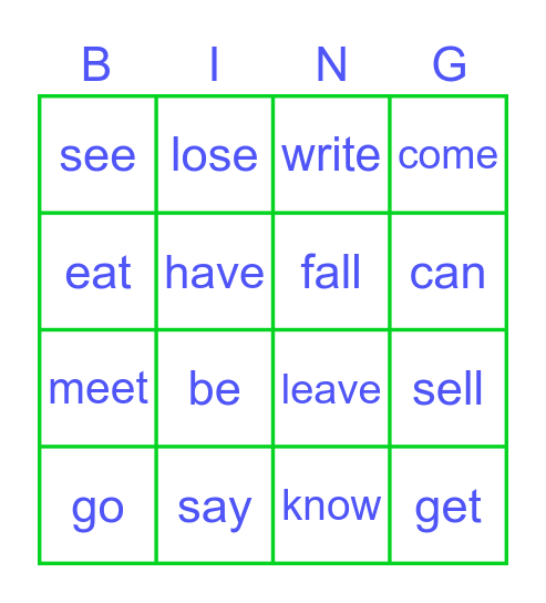 Irregular verbs Bingo Card