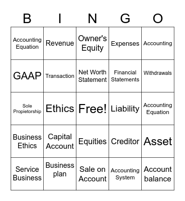 Chapter 1 Accounting Vocabulary Bingo Card