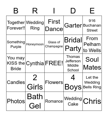 Tarrence & Cynthia Wedding 12-13-14 Bingo Card