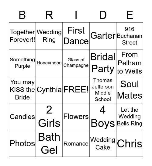 Tarrence & Cynthia Wedding 12-13-14 Bingo Card