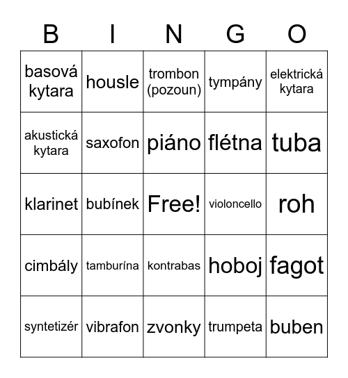 Hudební nástroje Bingo Card