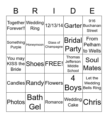 Tarrence & Cynthia Wedding 12-13-14 Bingo Card