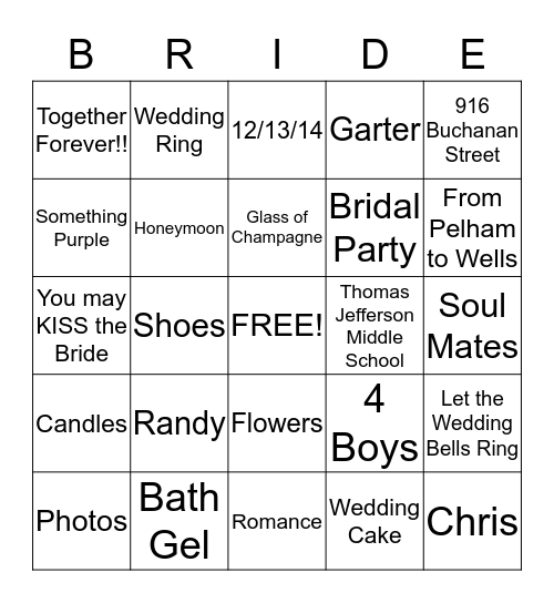 Tarrence & Cynthia Wedding 12-13-14 Bingo Card