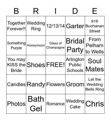 Tarrence & Cynthia Wedding 12-13-14 Bingo Card