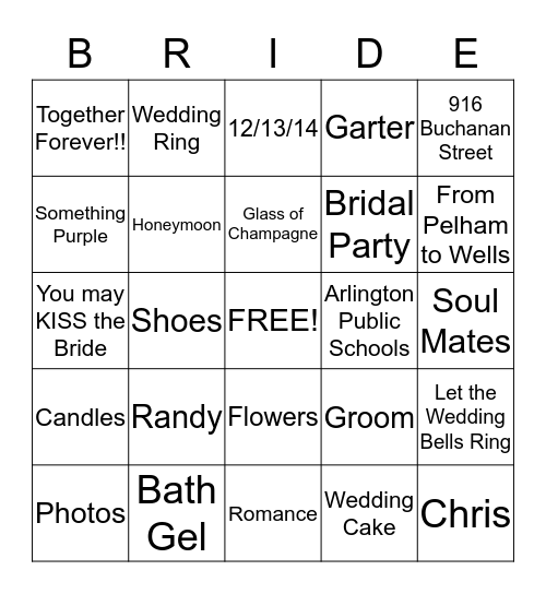 Tarrence & Cynthia Wedding 12-13-14 Bingo Card