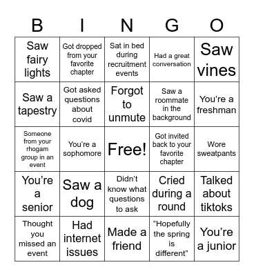 Zoom Recruitment Bingo Card