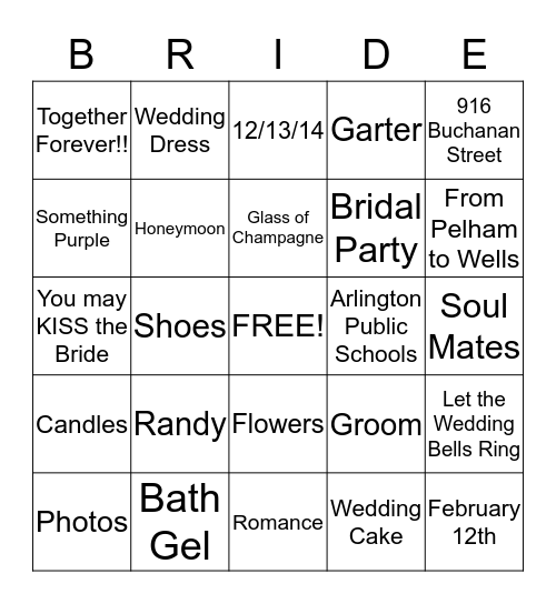 Tarrence & Cynthia Wedding 12-13-14 Bingo Card