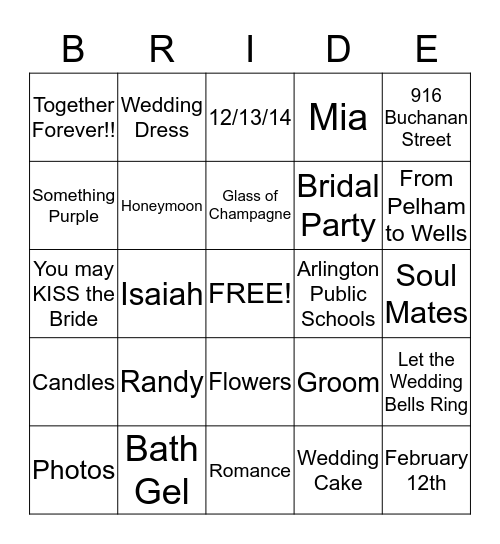 Tarrence & Cynthia Wedding 12-13-14 Bingo Card