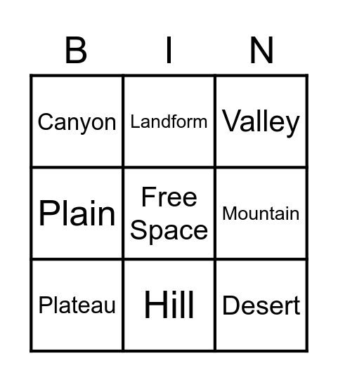 Landforms Bingo Card