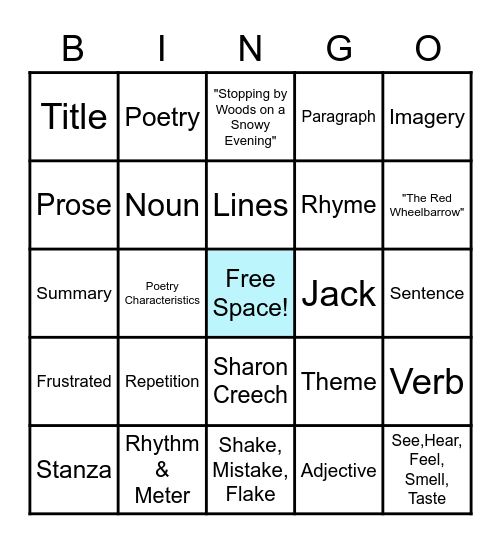 Poetry Bingo Card