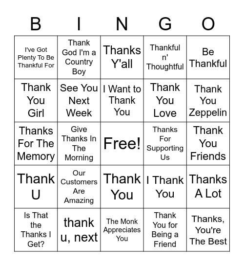 Thank You Songs & Thank You For Supporting The Monk! Bingo Card