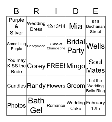 Tarrence & Cynthia Wedding 12-13-14 Bingo Card