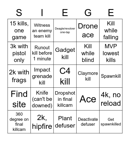 Siege Bingo Card