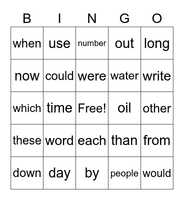High Frequency Words Bingo Card
