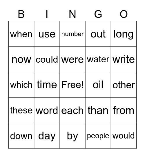 High Frequency Words Bingo Card
