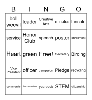 1st 4-H meeting Bingo Card