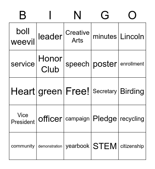 1st 4-H meeting Bingo Card