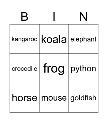 Animal Bingo Card
