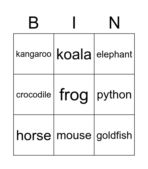 Animal Bingo Card