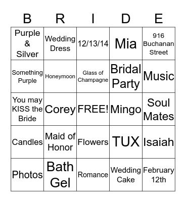 Tarrence & Cynthia Wedding 12-13-14 Bingo Card