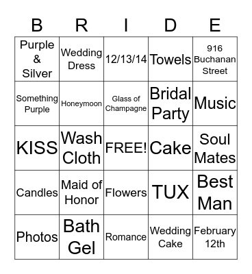 Tarrence & Cynthia Wedding 12-13-14 Bingo Card