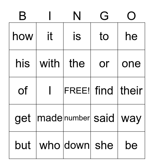 Sight Words 1-75 Bingo Card