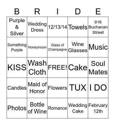 Tarrence & Cynthia Wedding 12-13-14 Bingo Card