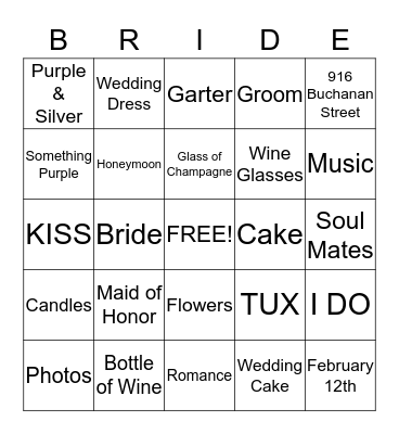 Tarrence & Cynthia Wedding 12-13-14 Bingo Card