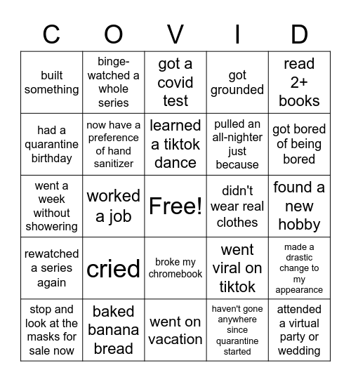 During Quarantine I... Bingo Card