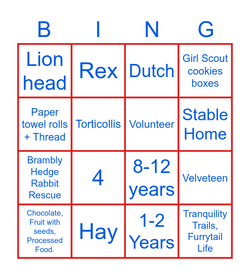 Rabbit Bingo Card